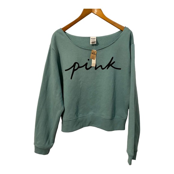 PINK Victoria's Secret Tops - PINK Victoria’s Secret green wide nexk crop sweatshirt NWT large